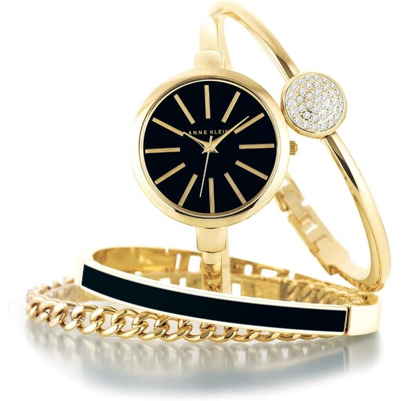 Women's Brass Bangle Watch and Bracelet Set Gold Black Crystal Enamel Jewelry - Picture 7 of 7